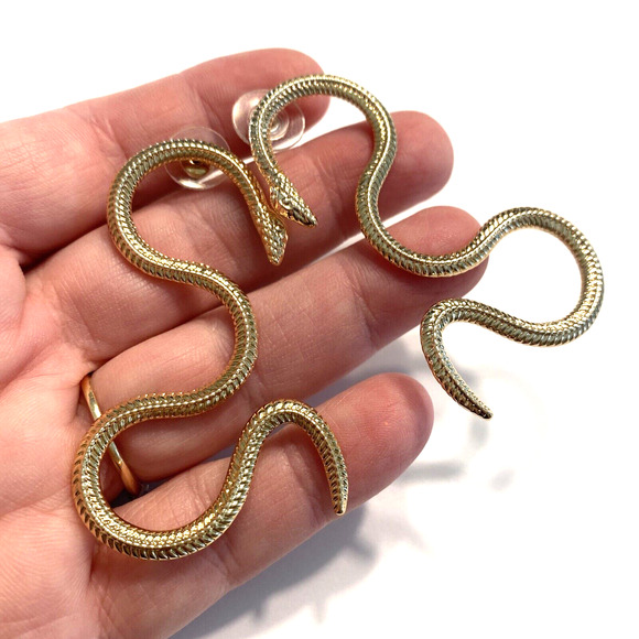 Gold Snake Shaped Pierced Earrings Fashion Statement Long Goth Wicken Jewelry - Picture 5 of 5